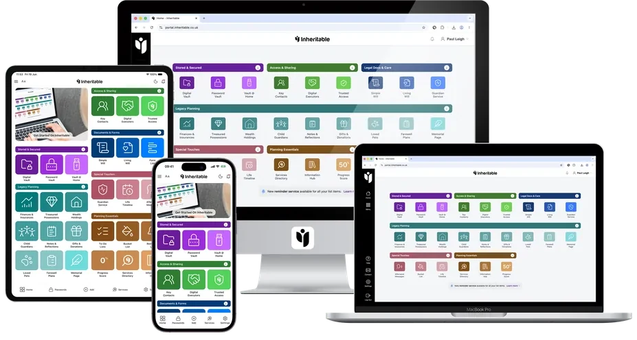 Inheritable shown across iPhone, Android, and a web browser