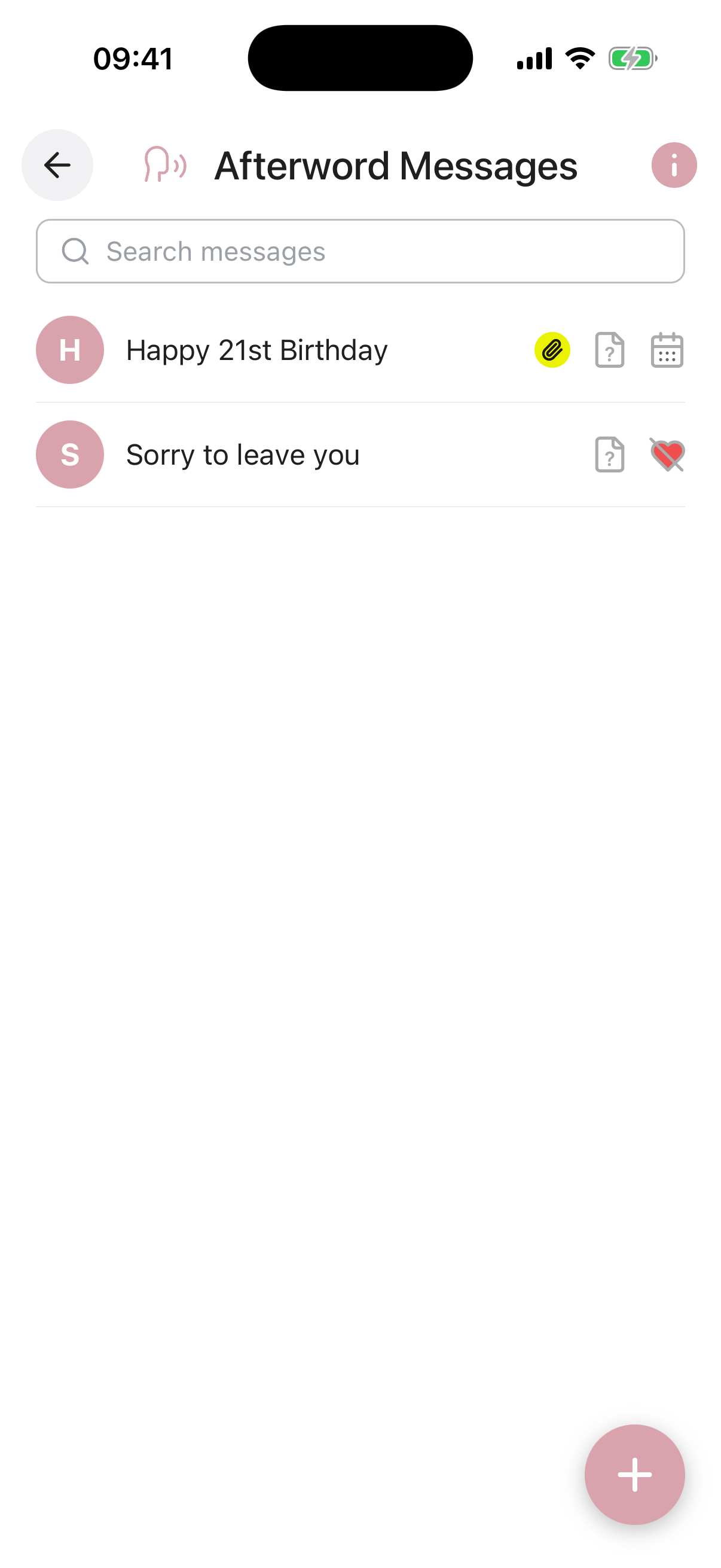 Afterword Messages list screen