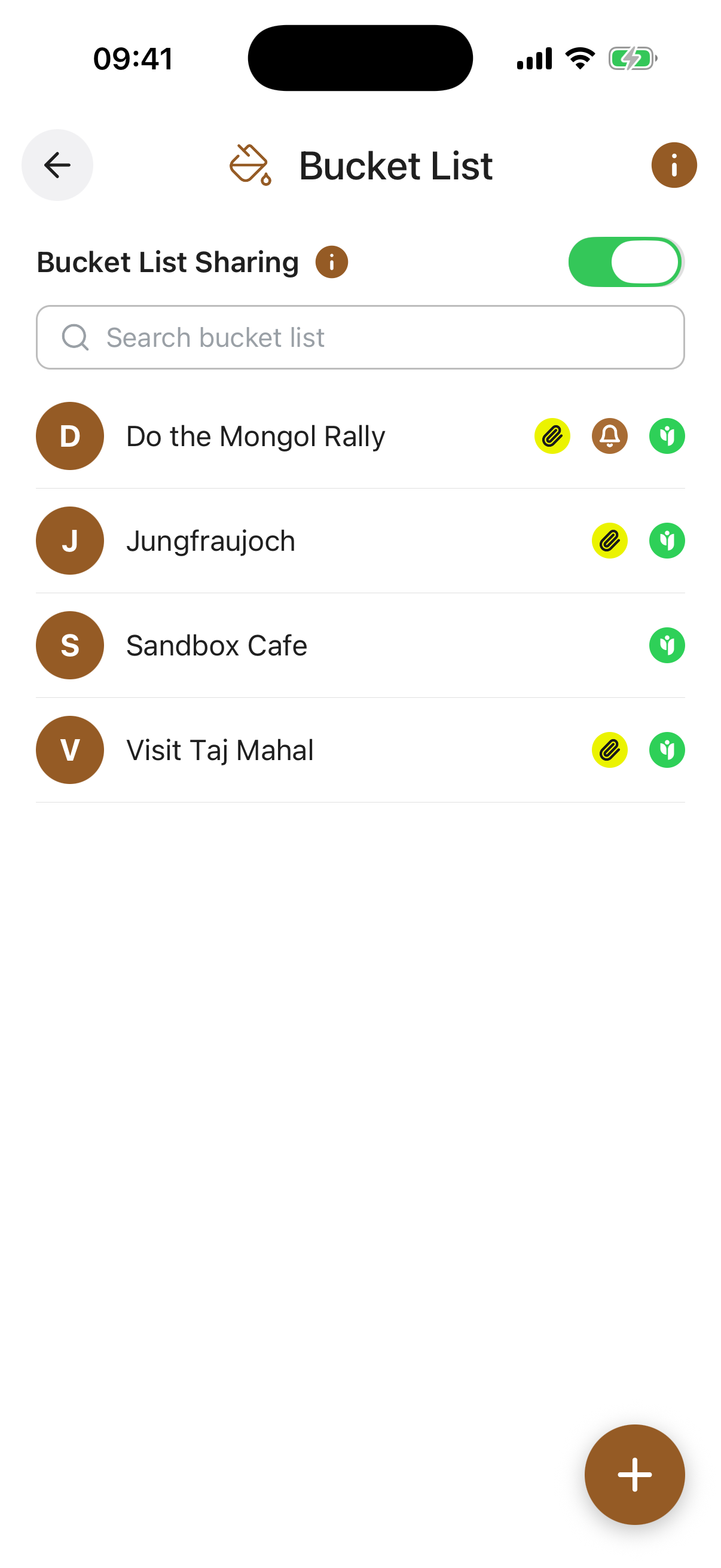 Bucket List screen