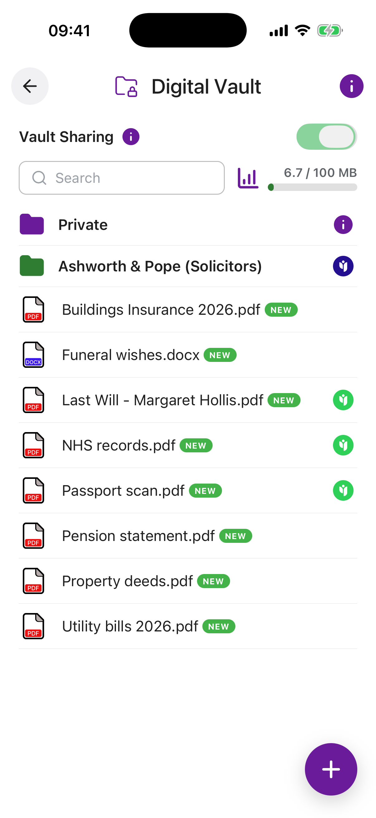 Digital Vault screen showing file listing and storage bar