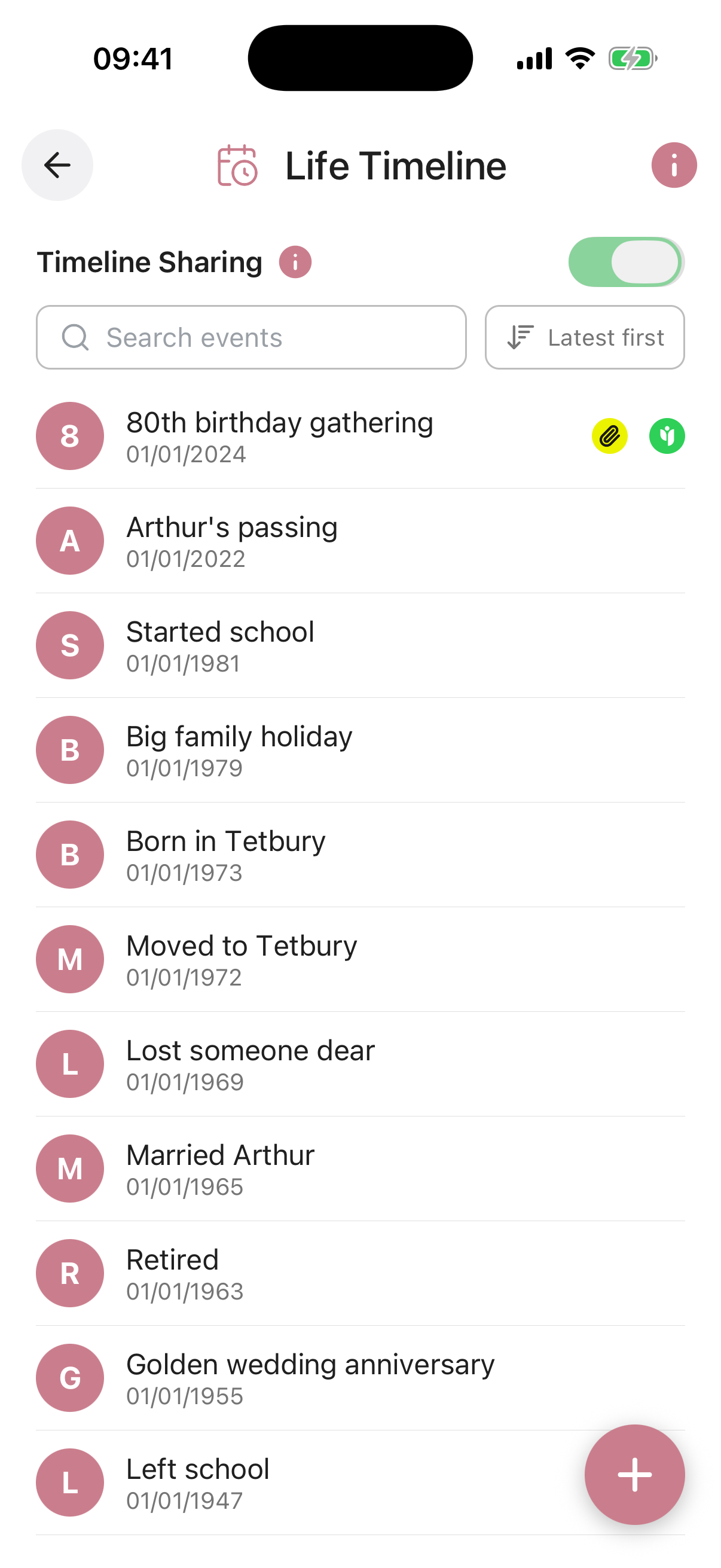 Life Timeline list screen