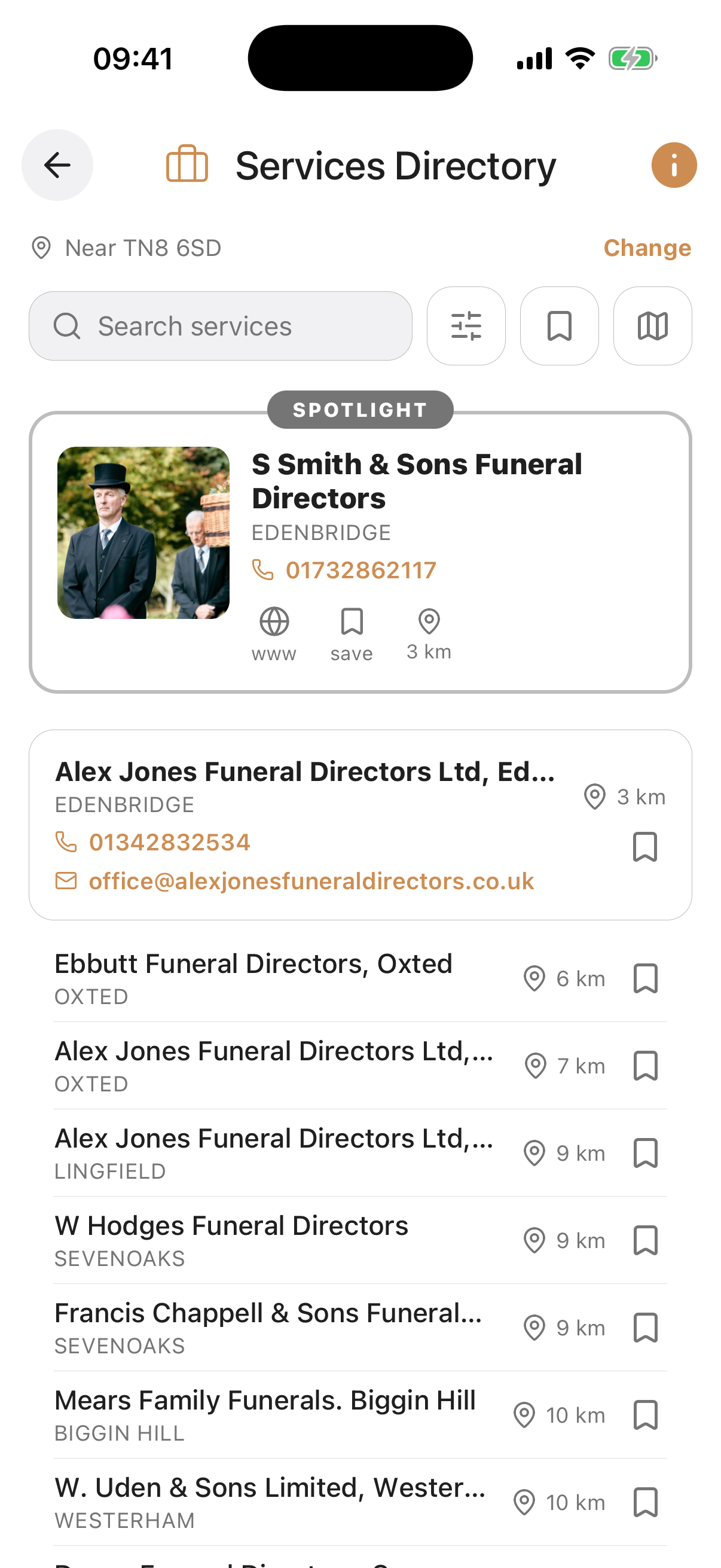 Services Directory listing screen